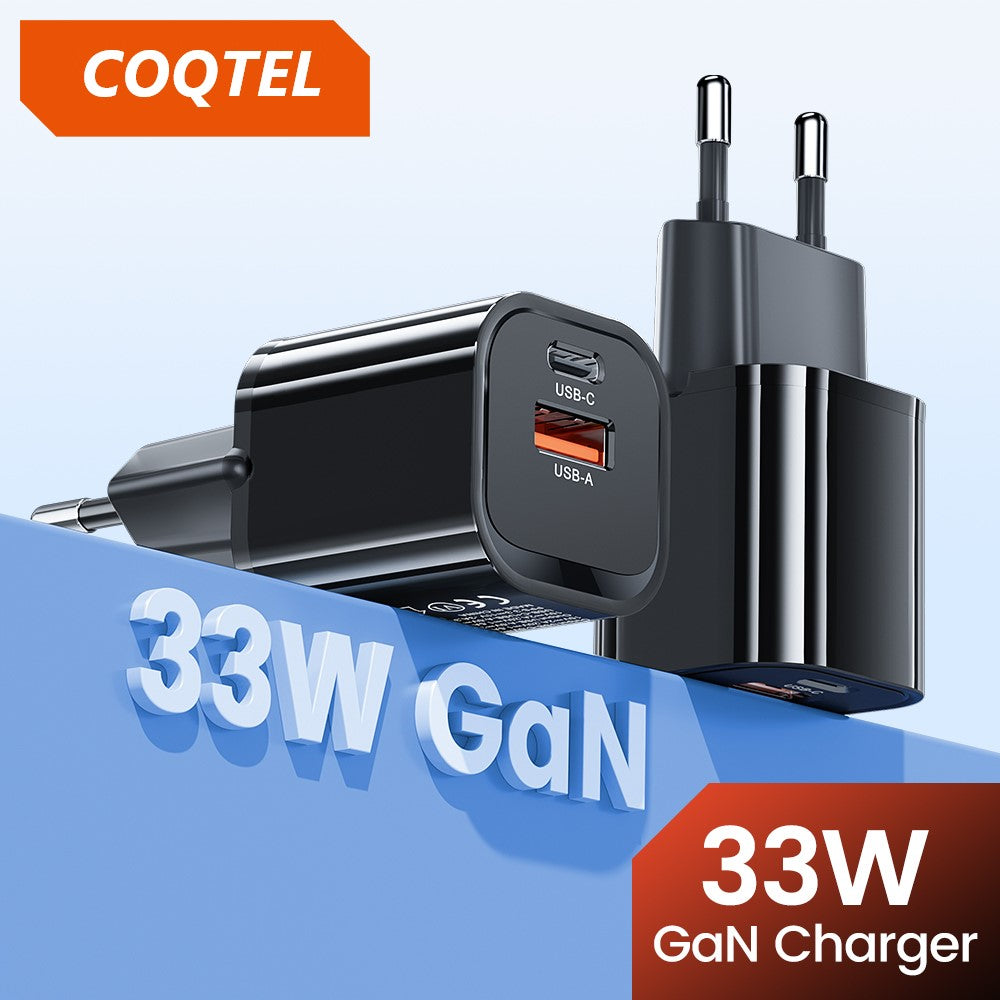 Mini Chargeur Rapide 33W avec Câble 60W de 1m, Chargeur GAN à Double Port USB-A et USB-C pour Mobiles Samsung, iPhone, Huawei, Laptops, Tablettes et Consoles, de couleur Noir