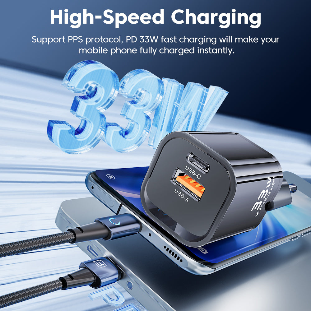 Mini Chargeur Rapide 33W avec Câble 60W de 1m, Chargeur GAN à Double Port USB-A et USB-C pour Mobiles Samsung, iPhone, Huawei, Laptops, Tablettes et Consoles, de couleur Noir