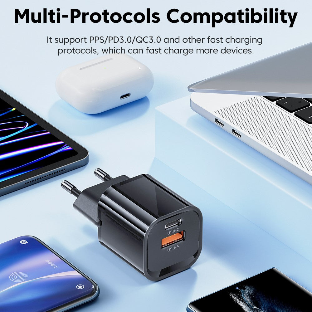 Mini Chargeur Rapide 33W avec Câble 60W de 1m, Chargeur GAN à Double Port USB-A et USB-C pour Mobiles Samsung, iPhone, Huawei, Laptops, Tablettes et Consoles, de couleur Noir